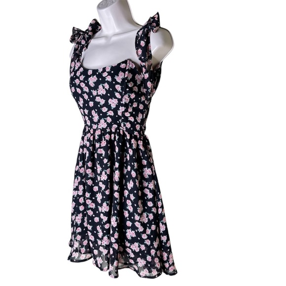 Floral Print Black and Pink Off the Shoulders Boho Mini Dress Size Small S - Picture 4 of 15